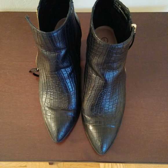 Shoes - Black Booties - Gold tone zipper - Croc embossed